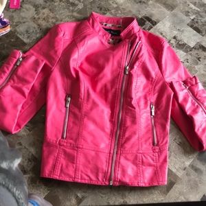 Bright pink leather jacket.
